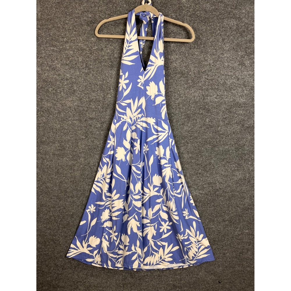 Pact Halter Midi Dress Womens Small Blue Excellent Floral Print Pockets Cotton